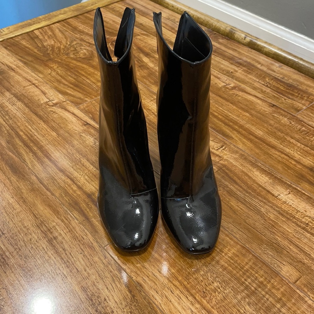 Jessica Simpson black patent leather heel boots.